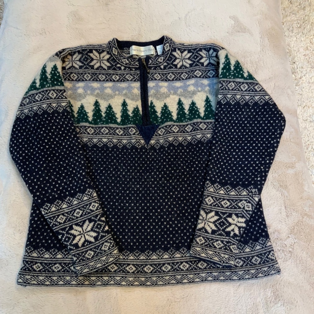 Paris Sport Club S Wool Vintage Sweater Blue Green Alpine